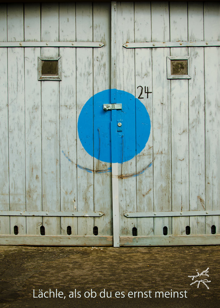 Eine alte, hellblaue Holztür mit der aufgemalten Andeutung eines lächelnden Gesichts. Das Schloss sitzt wie eine Nase auf einem blauen Kreis. Der Satz darunter: „Lächle, als ob du es ernst meinst.“