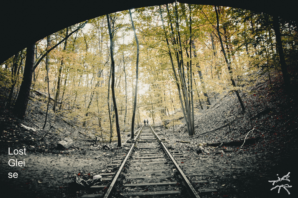 Verlassene Bahngleise führen durch einen herbstlichen Wald, im Hintergrund gehen zwei Menschen dem Licht entgegen.