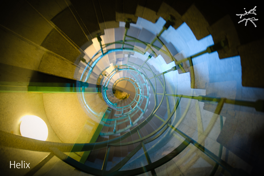 Blick in ein spiralförmiges Treppenhaus mit doppelter Belichtung, das eine dynamische, helixartige Struktur erzeugt.