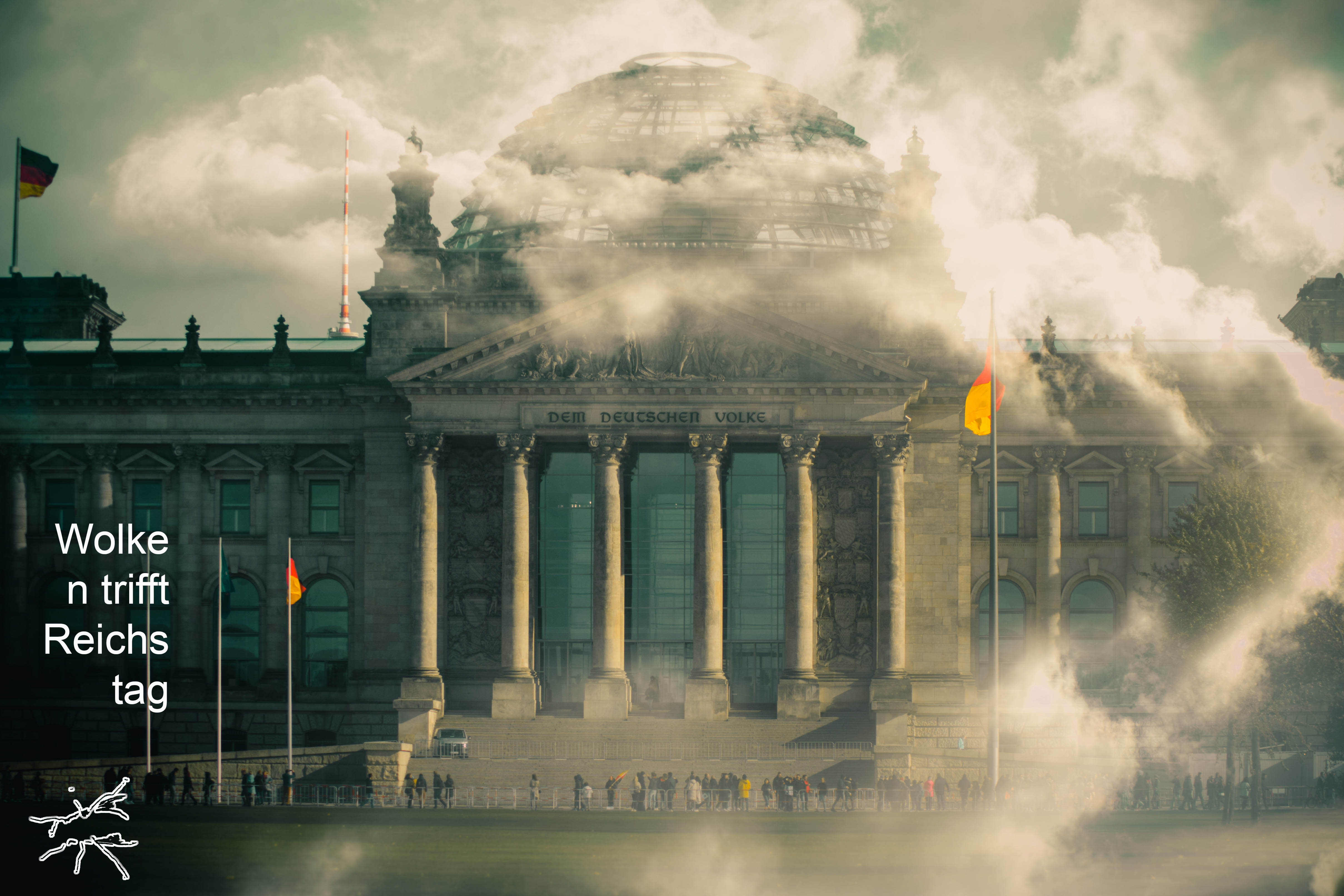 Clouds descend upon the German Reichstag, casting a dramatic, heavy atmosphere. The scene evokes a sense of awe and introspection, blending the weight of history with the fleeting nature of the moment.