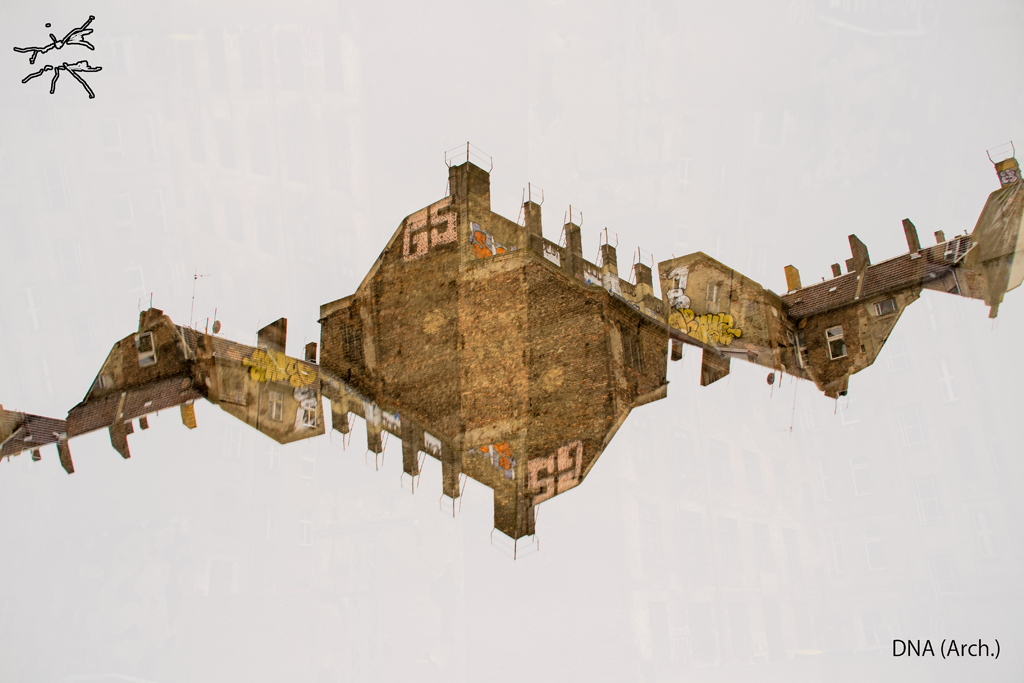 Symmetrisch gespiegelt montierte Hausfassaden ergeben eine abstrakte Form, die an ein DNA-Molekül erinnert.