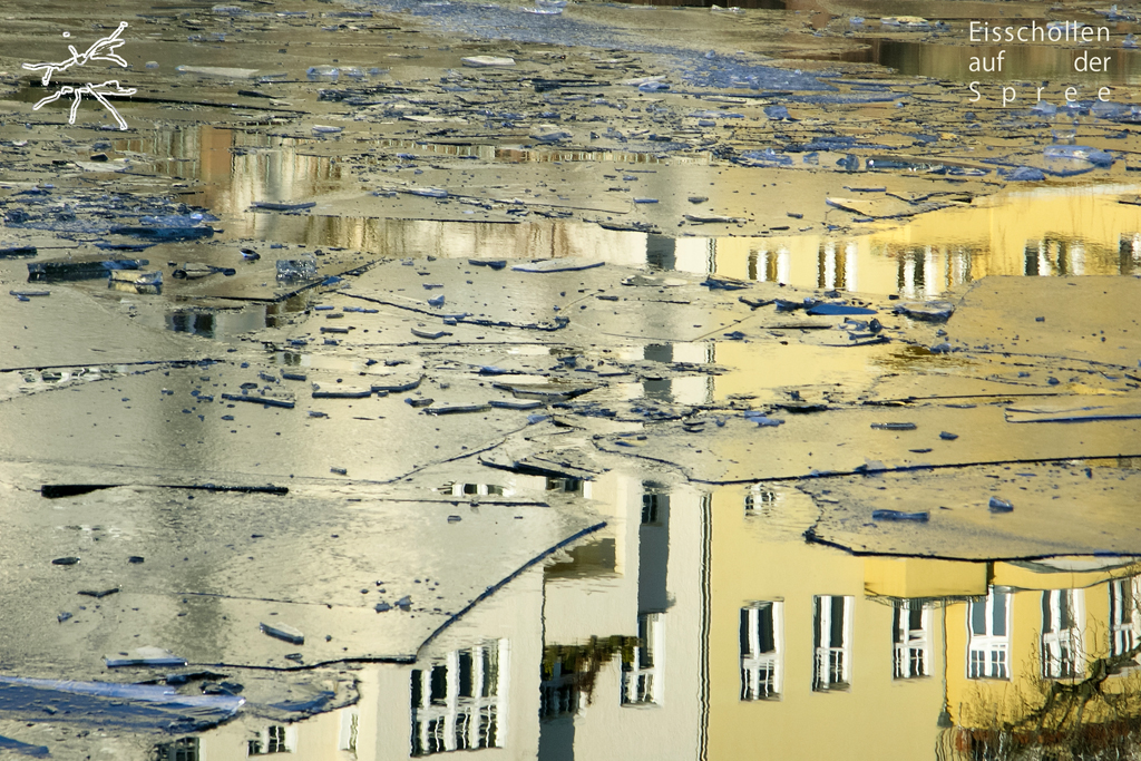 Detaillierte Aufnahme von Eisschollen auf der Spree in Berlin, mit der Spiegelung gelber und weißer Gebäude im Wasser. Detailed shot of ice floes on the Spree river in Berlin, with the reflection of yellow and white buildings in the water.