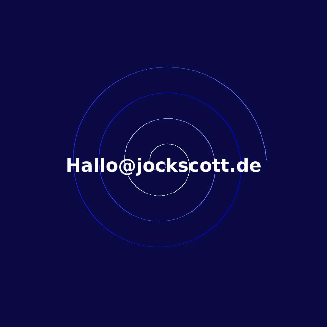 Animierte GIF-Grafik: Die E-Mail-Adresse Hallo@jockscott.de auf dunkelblauem Grund mit einer sich bewegenden, konzentrischen Spirale. Animated GIF graphic: The email address Hallo@jockscott.de on a dark blue background with a moving, concentric spiral.