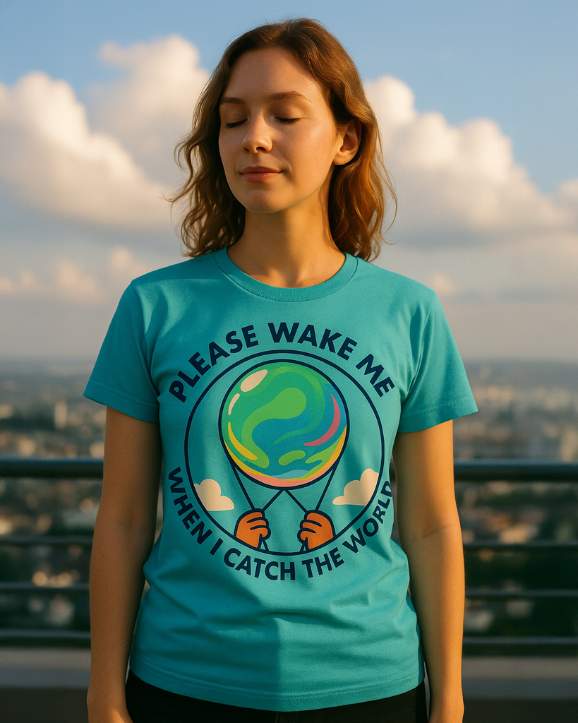 (DE) Person trägt ein T-Shirt mit dem Motiv „PLEASE WAKE ME WHEN I CATCH THE WORLD“ und einer bunten Kugel, die wie eine schwebende Welt wirkt. (EN) Person wearing a T-shirt featuring the design “PLEASE WAKE ME WHEN I CATCH THE WORLD” with a colorful, world-like sphere.