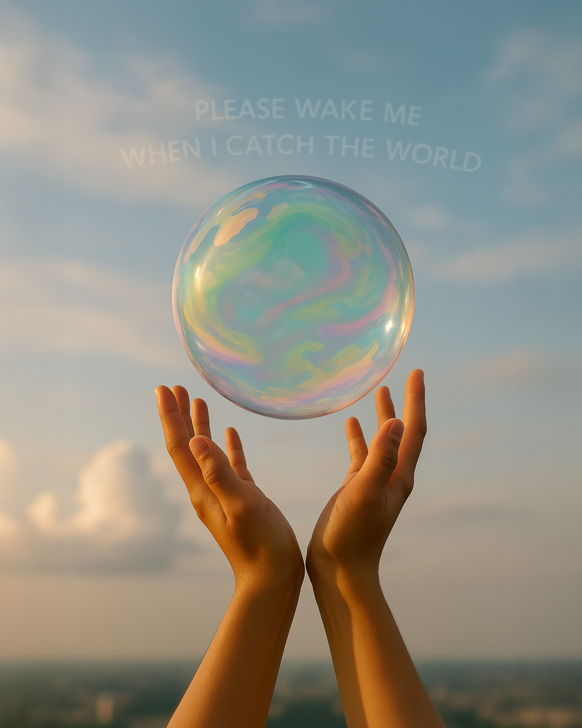 (DE) Zwei Hände halten eine schimmernde, schwebende Kugel unter einem Himmel mit dem Schriftzug „PLEASE WAKE ME WHEN I CATCH THE WORLD“. (EN) Two hands hold a shimmering floating sphere beneath a sky with the text “PLEASE WAKE ME WHEN I CATCH THE WORLD”.