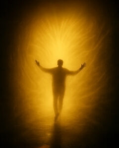 (DE) Silhouette einer Person, die auf ein intensives goldenes Licht zugeht, umgeben von strahlenartigen Strukturen. (EN) Silhouette of a person walking toward intense golden light, surrounded by radiating structures.