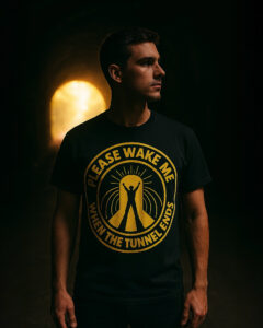 DE) Person trägt ein T-Shirt mit dem Schriftzug „PLEASE WAKE ME WHEN THE TUNNEL ENDS“ und einer stilisierten Figur in einem Lichttunnel. (EN) Person wearing a T-shirt with the text “PLEASE WAKE ME WHEN THE TUNNEL ENDS” and a stylized figure inside a tunnel of light.