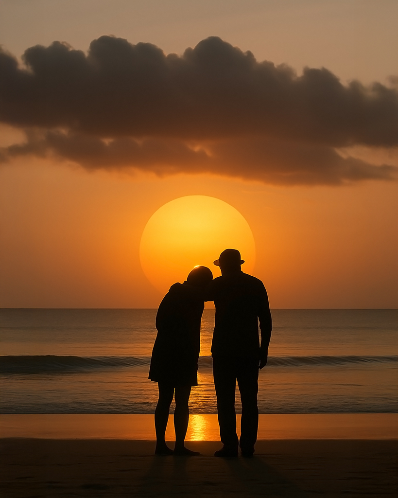 Alternativtext (DE) Siluetten eines Paares im Sonnenuntergang am Strand, eng beieinander vor einer großen, warmen Sonne. Alternativtext (EN) Silhouettes of a couple at the beach during sunset, standing close in front of the warm, low sun.