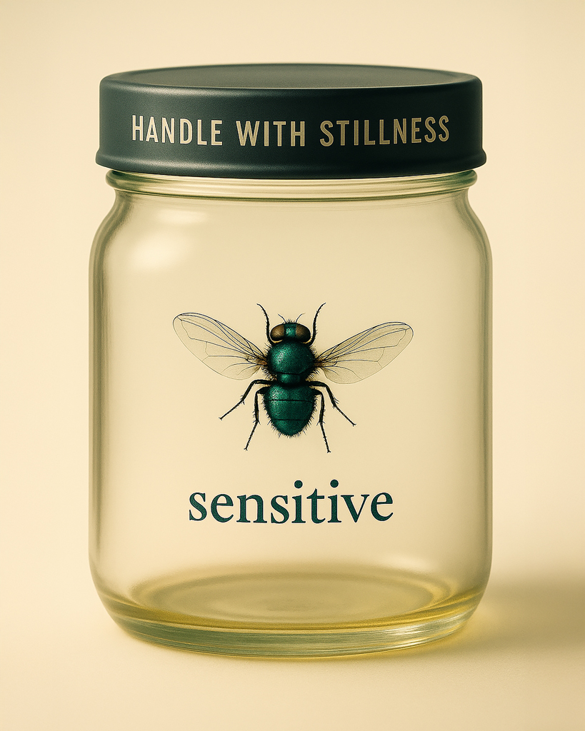 (DE) Illustration eines Einmachglases mit einer schimmernden Fliege, darunter der Schriftzug „sensitive“. (EN) Illustration of a glass jar with a shimmering fly inside, the word “sensitive” below it.