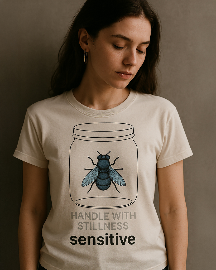 (DE) Person trägt ein T-Shirt mit einer Glas-und-Fliege-Illustration sowie dem Wort „sensitive“. Person wearing a T-shirt featuring a jar-and-fly illustration and the word “sensitive”. (EN) A person is wearing a T-shirt with a jar-and-fly illustration and the word "sensitive".