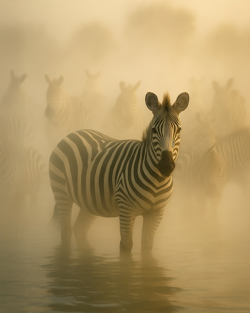 (DE) Ein Zebra steht im dichten Nebel, umgeben von weiteren unscharfen Zebras, in weichem goldenen Licht. (EN) A zebra stands in dense mist, surrounded by faint silhouettes of other zebras in soft golden light.
