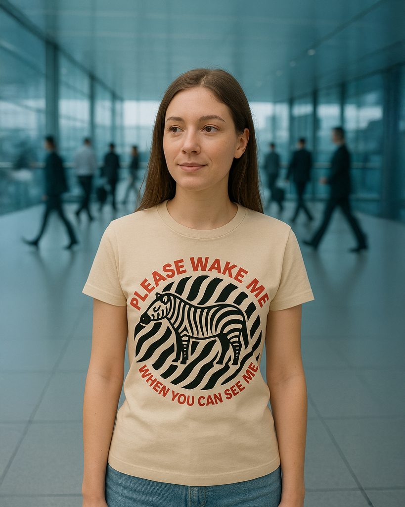 (DE) Person trägt ein T-Shirt mit einem Zebra vor abstrakten Streifen und dem Schriftzug „PLEASE WAKE ME WHEN YOU CAN SEE ME“. (EN) Person wearing a T-shirt featuring a zebra over abstract stripes and the text “PLEASE WAKE ME WHEN YOU CAN SEE ME”.