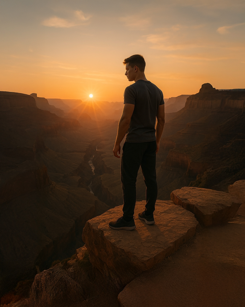 (DE) Person steht am Rand eines Canyons bei Sonnenuntergang und blickt in die Tiefe, als würde sie sich auf einen Sprung vorbereiten. (EN) Person standing at the edge of a canyon at sunset, looking down into the depth as if preparing to jump.