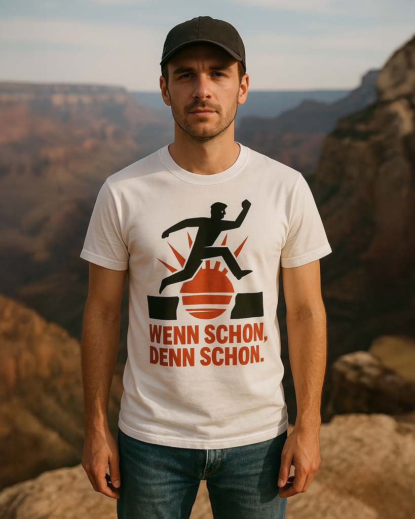 (DE) T-Shirt mit einem grafischen Motiv im sozialistischen Comicstil: eine springende Figur vor einer stilisierten Sonne und dem Text „WENN SCHON, DENN SCHON.“ (EN) T-shirt featuring a graphic design in socialist comic style, showing a jumping figure in front of a stylized sun with the text “WENN SCHON, DENN SCHON.”