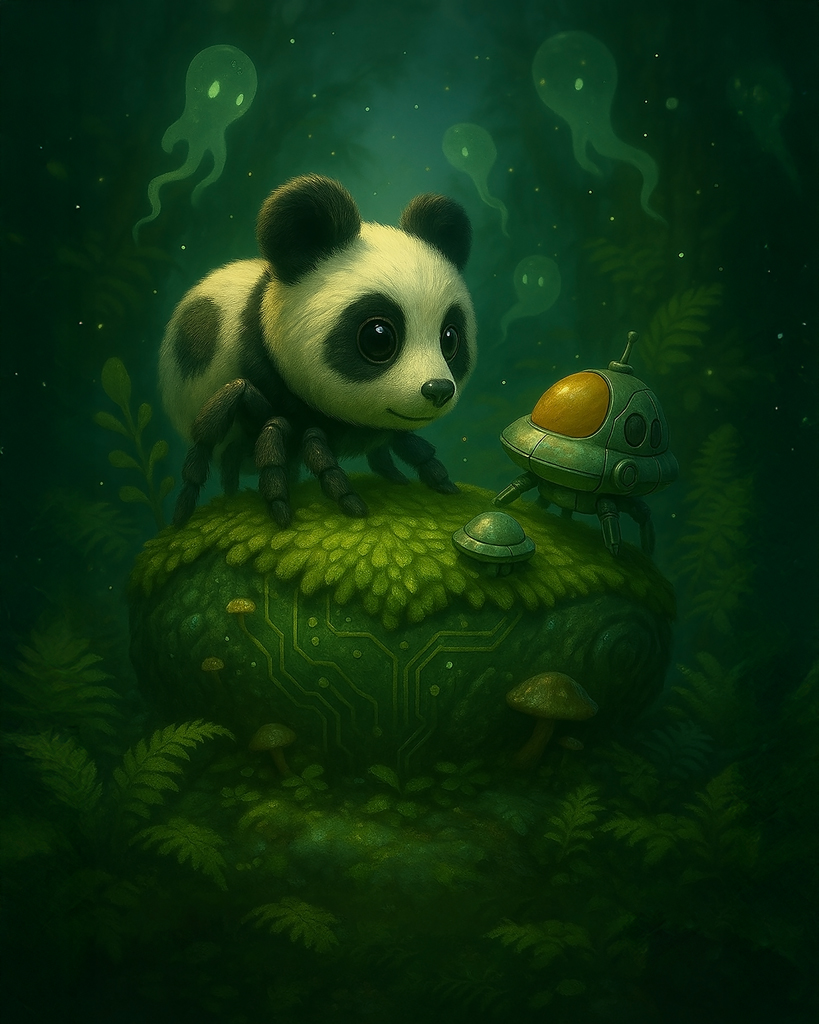 (DE) Ein Panda-Spinnenwesen steht auf einer grünen, moosartigen Plattform und blickt auf ein kleines, rundes Raumschiff in einer tiefgrünen Fantasiewelt. (EN) A panda-spider creature stands on a moss-covered platform, facing a small round spaceship in a deep green fantasy world.