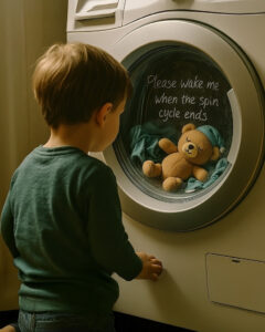 (DE) Ein Kind blickt auf einen schlafenden Teddybären, der in der Waschmaschine liegt, daneben der Schriftzug „Please wake me when the spin cycle ends“. (EN) A child looks at a sleeping teddy bear inside a washing machine, with the text “Please wake me when the spin cycle ends”.