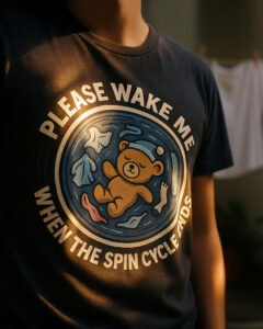 ((DE) Person trägt ein T-Shirt mit einem schlafenden Teddybären, der in einer Wasch­trommel rotiert, und dem Schriftzug „PLEASE WAKE ME WHEN THE SPIN CYCLE ENDS“. (EN) Person wearing a T-shirt showing a sleeping teddy bear rotating inside a washing drum with the text “PLEASE WAKE ME WHEN THE SPIN CYCLE ENDS”.