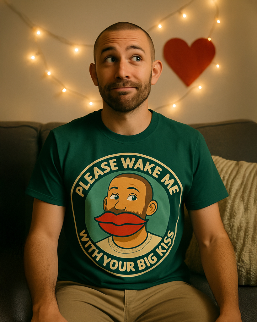 (DE) T-Shirt mit dem Schriftzug „PLEASE WAKE ME – WITH YOUR BIG KISS“ und einer verspielten Illustration, getragen in warmer, gemütlicher Atmosphäre. (EN) T-shirt featuring the text “PLEASE WAKE ME – WITH YOUR BIG KISS” and a playful illustration, worn in a warm, cozy setting.