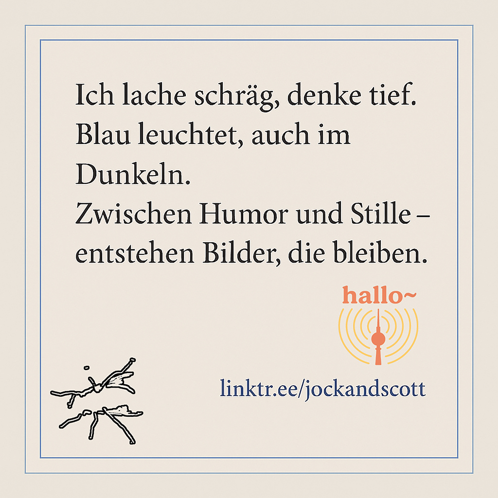 DE: Text der Postkarten-Rückseite: "Ich lache schräg, denke tief. Blau leuchtet, auch im Dunkeln. Zwischen Humor und Stille – entstehen Bilder, die bleiben. linktr.ee/jockandscott" EN: Text of the postcard back: "I laugh crookedly, think deeply. Blue glows, even in the dark. Between humor and stillness – images that last are created. linktr.ee/jockandscott"