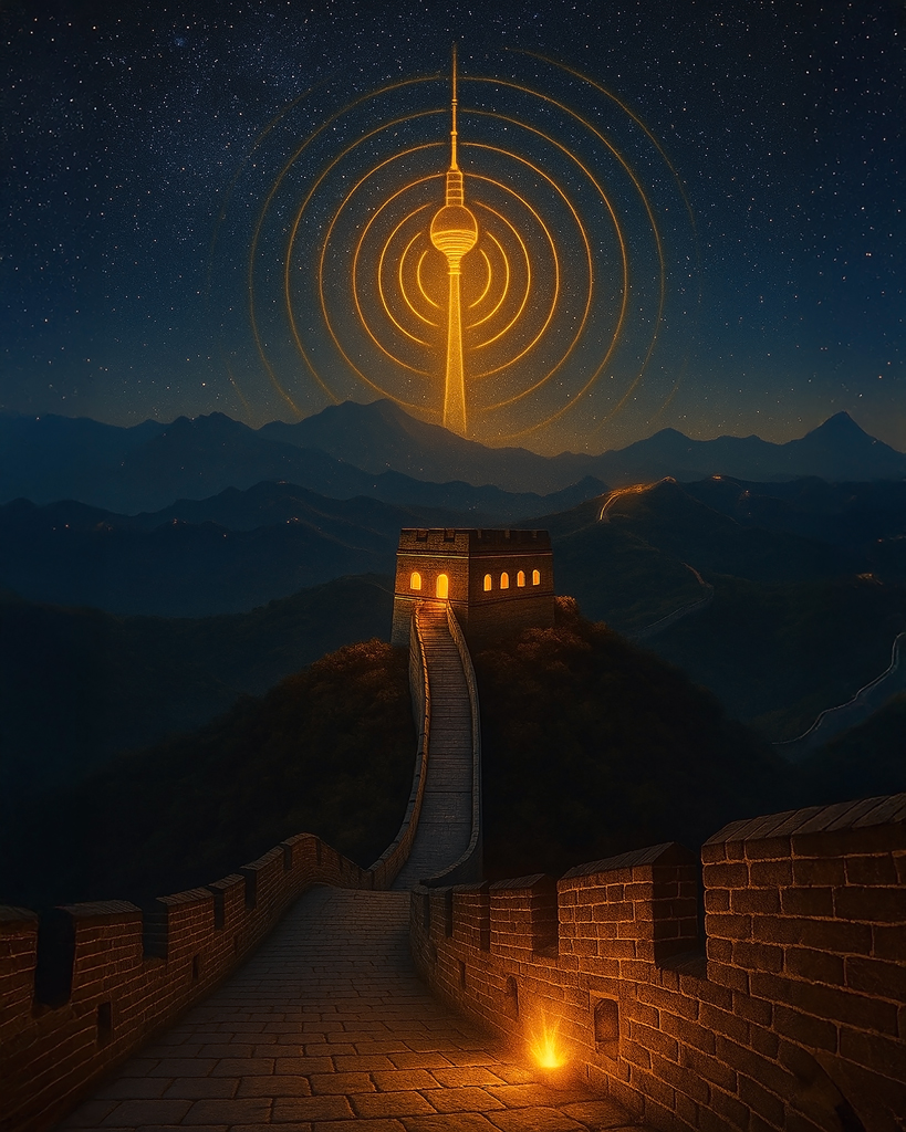 (DE) Illustration des Berliner Fernsehturms, der bei Nacht goldene Funksignale über die Berge und die Chinesische Mauer aussendet. (EN) Night illustration of the Berlin TV tower sending golden radio waves over mountains and the Great Wall of China.