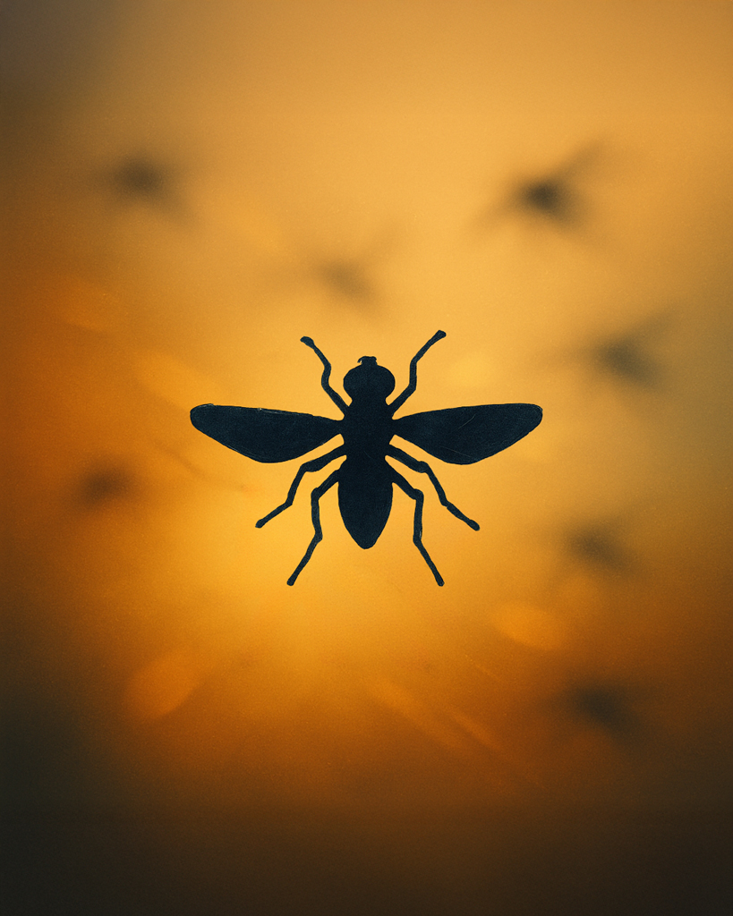 (DE) Silhouette einer Fliege im goldenen Licht, mit unscharfen Fliegenformen im Hintergrund. (EN) Silhouette of a fly in golden light, with soft blurred fly shapes in the background.
