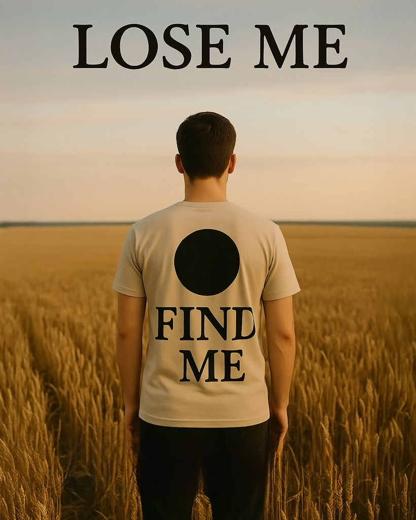 (DE) Rückenansicht einer Person in einem Feld, mit dem Text „LOSE ME / FIND ME“ und einem großen schwarzen Kreis auf dem T-Shirt. (EN) Back view of a person standing in a field, wearing a T-shirt with the text “LOSE ME / FIND ME” and a large black circle.