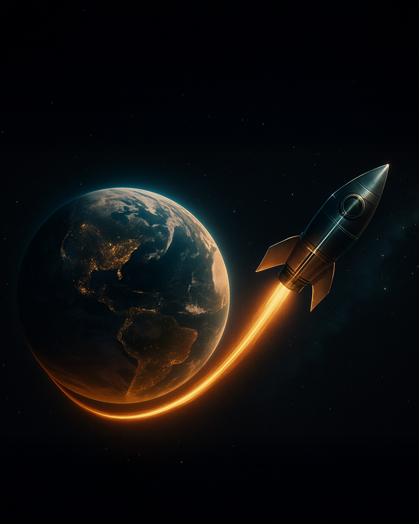 (DE) Eine Rakete fliegt im All an einer leuchtenden Erde vorbei und hinterlässt eine glühende Lichtspur. (EN) A rocket flies through space past a glowing Earth, leaving a bright trailing arc.