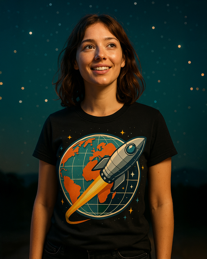 (DE) Person trägt ein T-Shirt mit einer Illustration der Erde und einer startenden Rakete, umgeben von Sternen. (EN) Person wearing a T-shirt featuring an illustration of Earth and a launching rocket surrounded by stars.