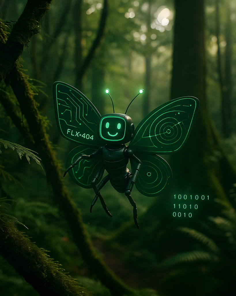 (DE) Leuchtend grünes, technisches Insektenwesen mit lächelndem Display schwebt in einem moosigen Wald, eine Mischung aus Natur und digitaler Anmutung. (EN) A glowing green, tech-inspired insect creature with a smiling display hovers in a mossy forest, blending nature and digital elements.