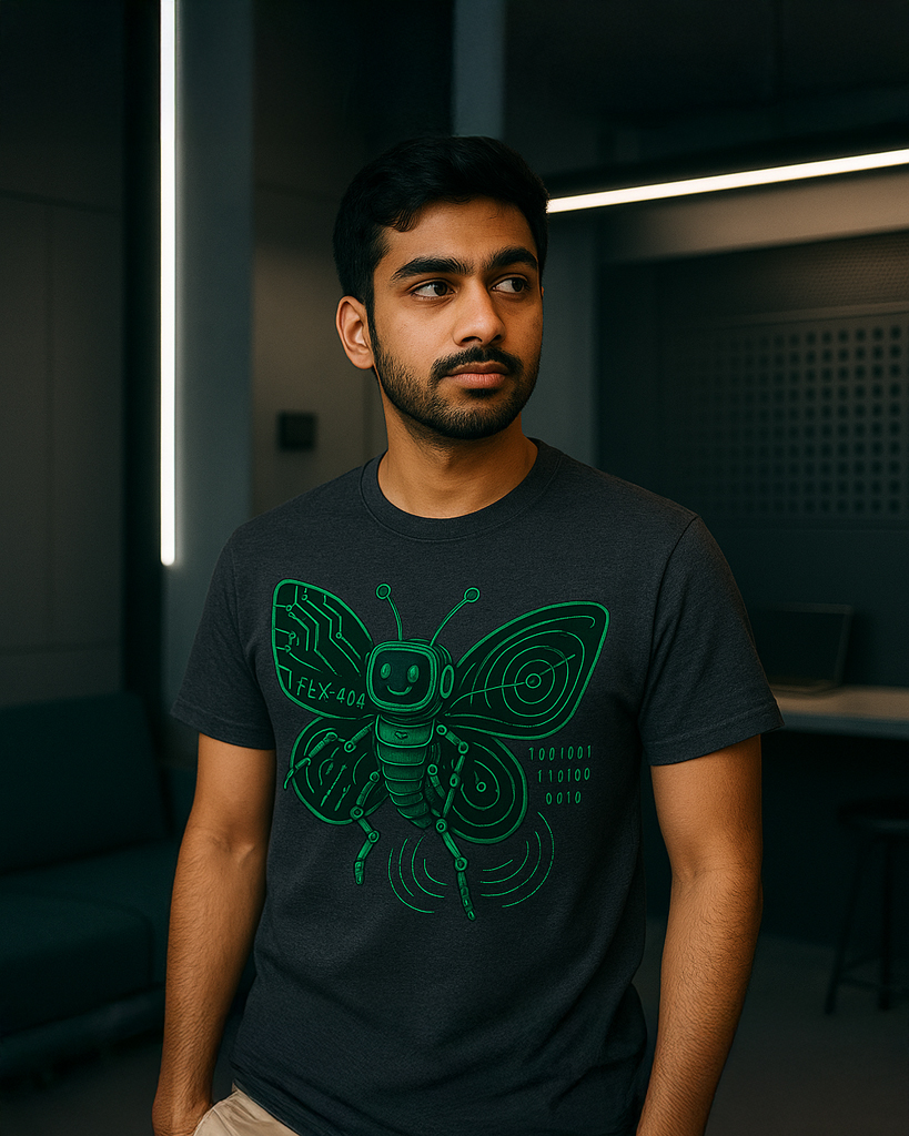 (DE) T-Shirt mit einer leuchtend grünen, technisch anmutenden Insektenfigur, die wie ein hybrides Wesen aus Natur und Technologie wirkt. (EN) T-shirt featuring a glowing green insect-like figure with a technological appearance, blending elements of nature and technology.