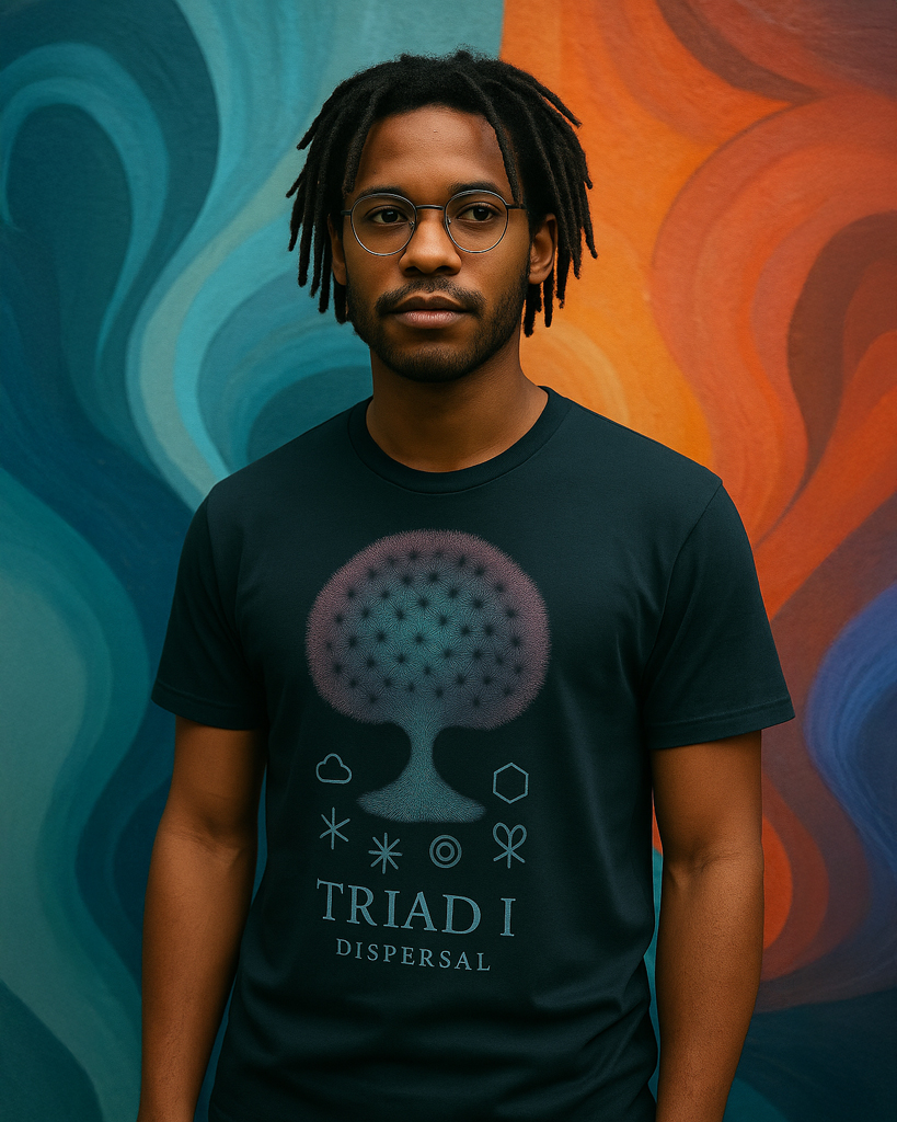 (DE) Person trägt ein T-Shirt mit einer abstrahierten Pusteblume und kleinen grafischen Symbolen darunter, passend zum Thema „Dispersal“. (EN) Person wearing a T-shirt featuring an abstract dandelion and small graphic symbols below, reflecting the theme “Dispersal”.