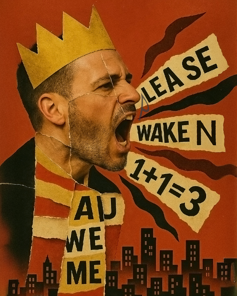 (DE) Grafisches Motiv mit einer rufenden, gekrönten Figur, aus deren Mund Textfragmente wie „PLEASE WAKE ME“ und „1+1=3“ hervorgehen, vor einer stilisierten Stadt. (EN) Graphic image of a shouting crowned figure, with text fragments like “PLEASE WAKE ME” and “1+1=3” emerging, set against a stylized cityscape.