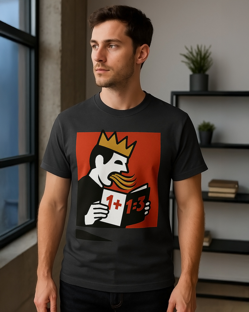 (DE) T-Shirt mit einer Illustration einer gekrönten Figur, die ein Buch mit der Aufschrift „1+1=3“ liest, auf rotem Hintergrund. (EN) T-shirt featuring an illustration of a crowned figure reading a book labeled “1+1=3” on a red background.