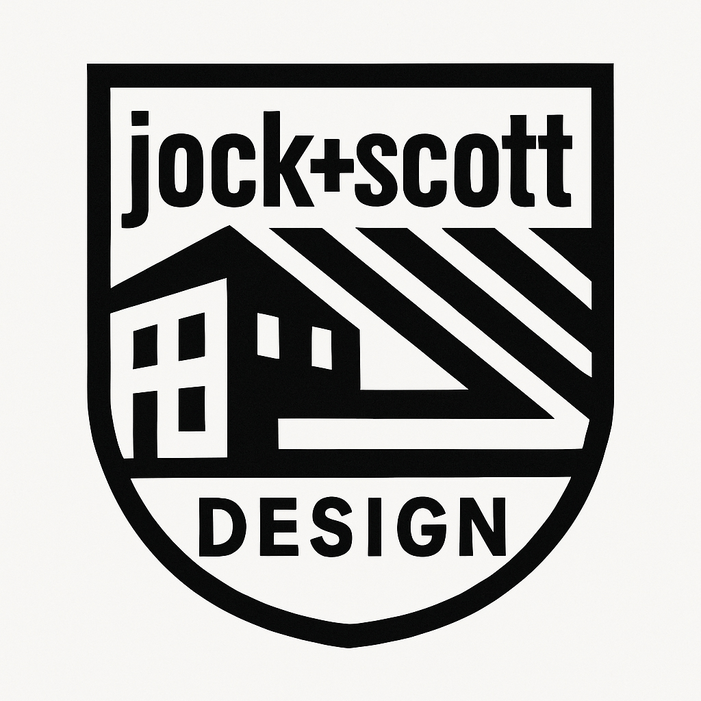 (DE) Schwarz-weißes jock+scott DESIGN Logo mit Hausform und grafischen Linien. (EN) Black and white jock+scott DESIGN logo with house shape and graphic lines.