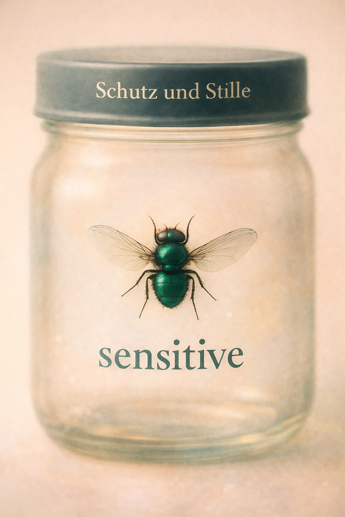 Ein grünes Insekt – stilisierte Fliege – sitzt in einem transparenten Glas mit Deckel. Auf dem Deckel steht „Schutz und Stille“, darunter das Wort „sensitive“. Das Motiv steht sinnbildlich für Wahrnehmung, Sensibilität und die Balance zwischen Innenwelt und Schutzraum.