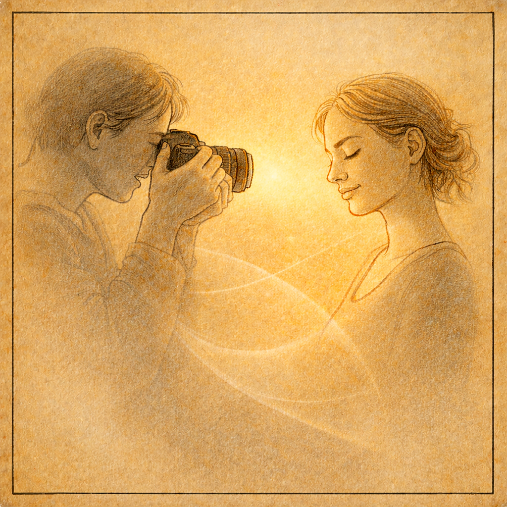 Zwei Menschen in warmem Licht, einer fotografiert, der andere schließt vertrauensvoll die Augen – ein stiller Moment zwischen Fotograf:in und Porträtiertem.