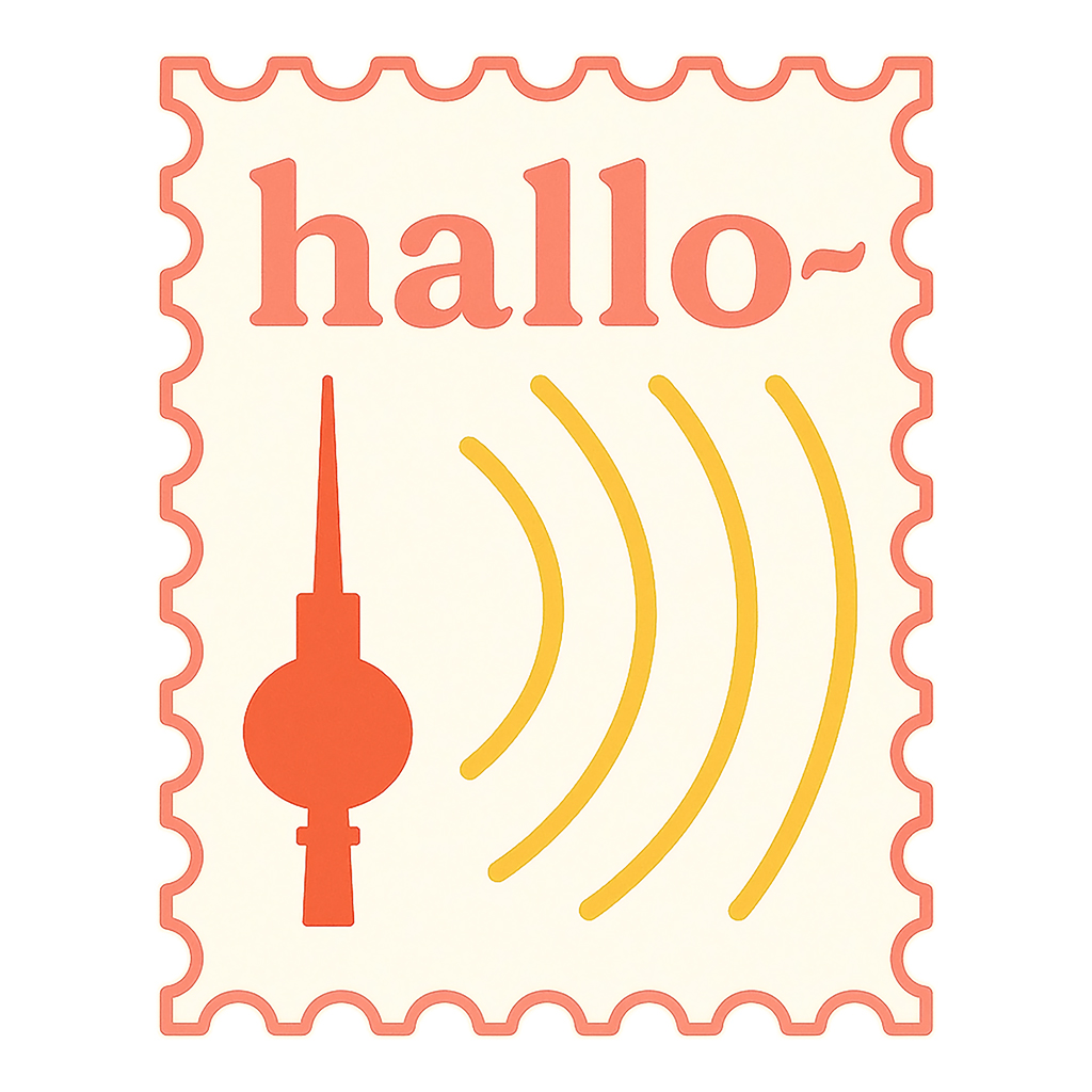 Illustrative Briefmarke mit dem Schriftzug ‚hallo~‘, einer abstrahierten Darstellung des Berliner Fernsehturms und gelben Funkwellen. Klare Linien, warme Farben, verspielter Ton.