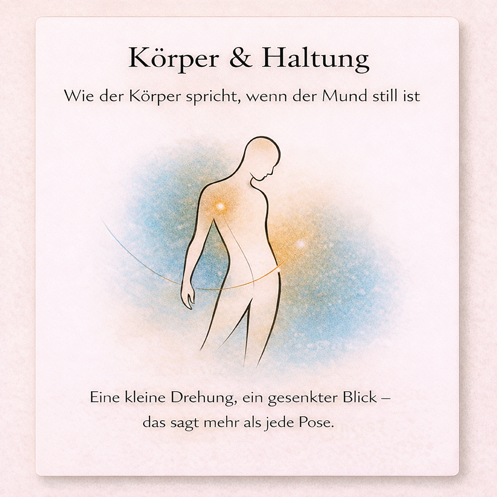 Minimalistische Zeichnung eines Menschen mit leicht geneigter Haltung vor einem ruhigen Hintergrund aus Blau und Orange. Linien und Lichtpunkte symbolisieren Körperwahrnehmung, Haltung und innere Bewegung.