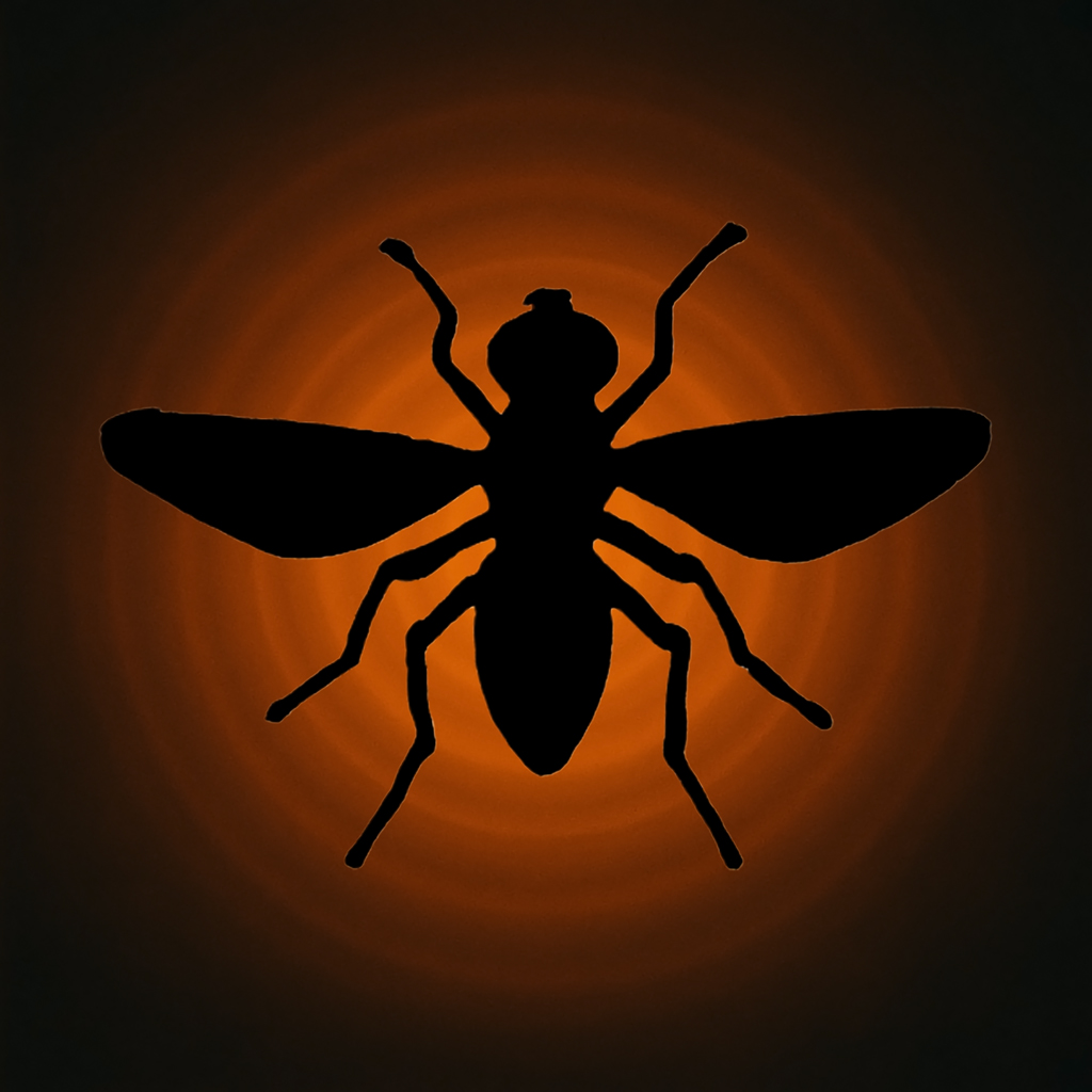 Schwarze Silhouette einer Fliege vor einem leuchtenden, orangefarbenen Kreis auf dunklem Hintergrund. Symbolisch, still, reduziert.