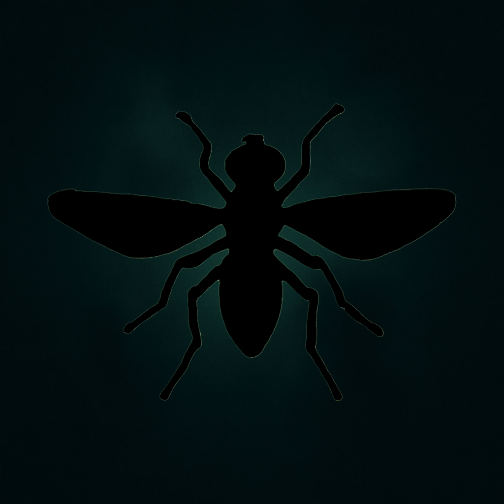 Schwarze Silhouette einer Fliege vor einem dunklen, grünlich getönten Hintergrund mit weichem Lichtschleier. Ruhig, symbolisch, atmosphärisch.
