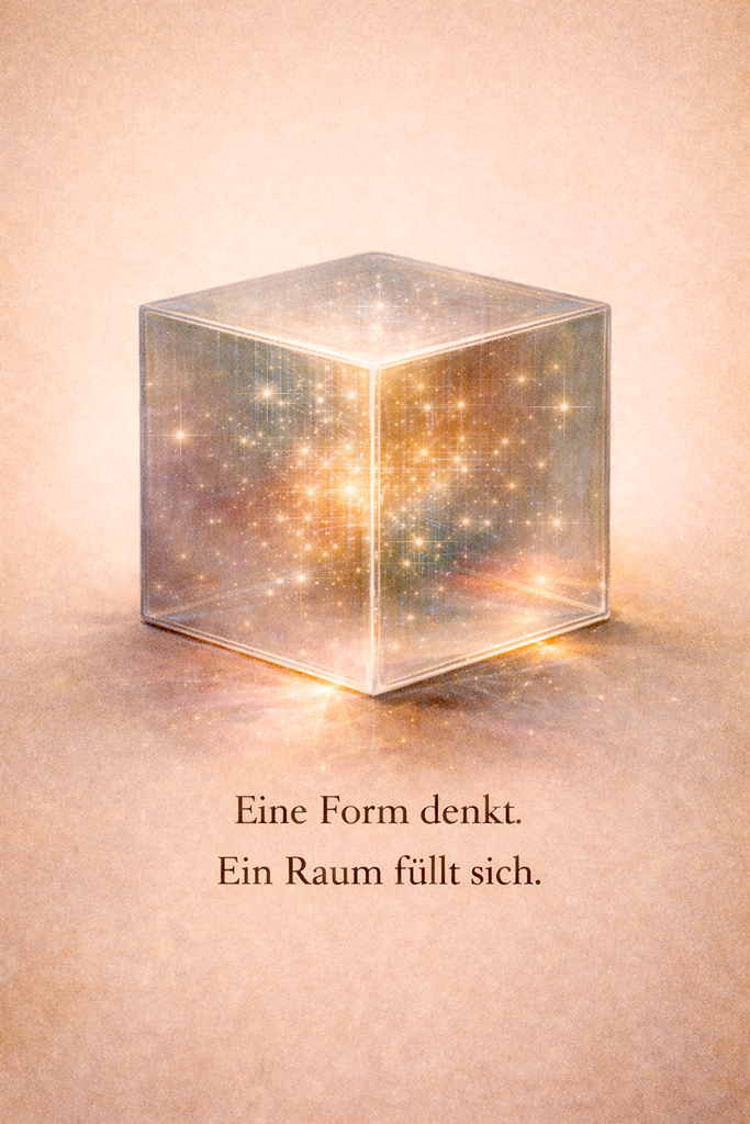 Transparenter, würfelförmiger Körper im Raum, von innen warm leuchtend. Lichtpunkte füllen den Innenraum, der Würfel steht ruhig auf hellem Untergrund.