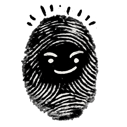 Schwarzer Fingerabdruck mit lachendem Gesicht und strahlenförmigen Linien darüber