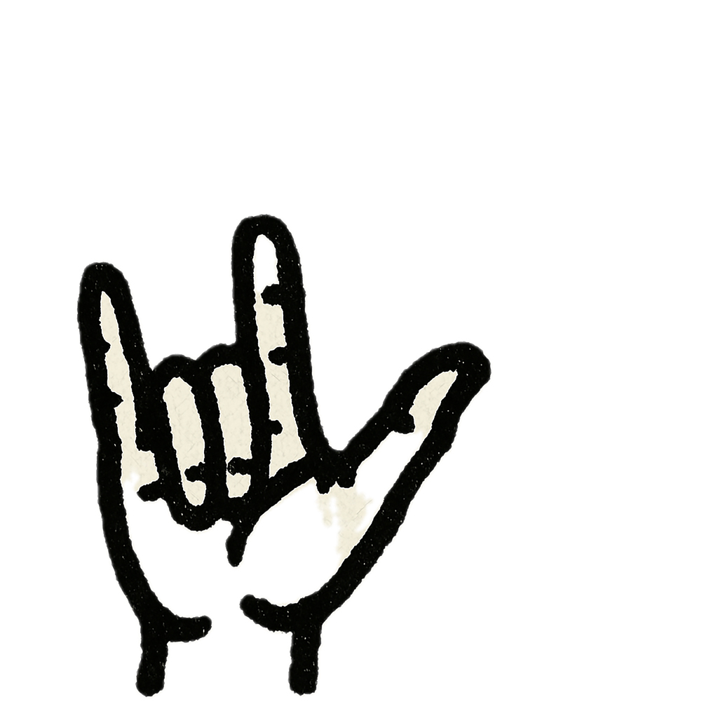 „Eine gezeichnete Hand in Schwarz-Weiß, die in Gebärdensprache ‚Ich liebe dich‘ zeigt. Die Linien sind klar, die Fläche bleibt ruhig.“