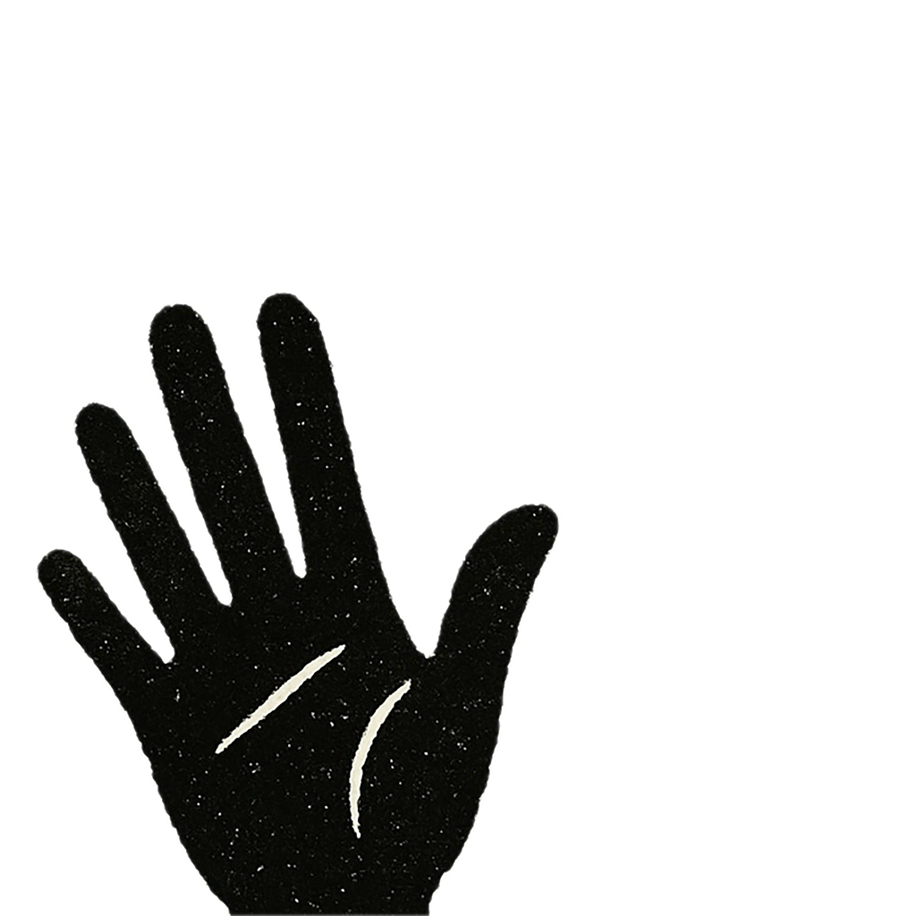 „Eine schwarze Handfläche auf weißem Grund, leicht geöffnet, mit zwei weißen Linien im Inneren. Symbolisch und reduziert gezeichnet.“