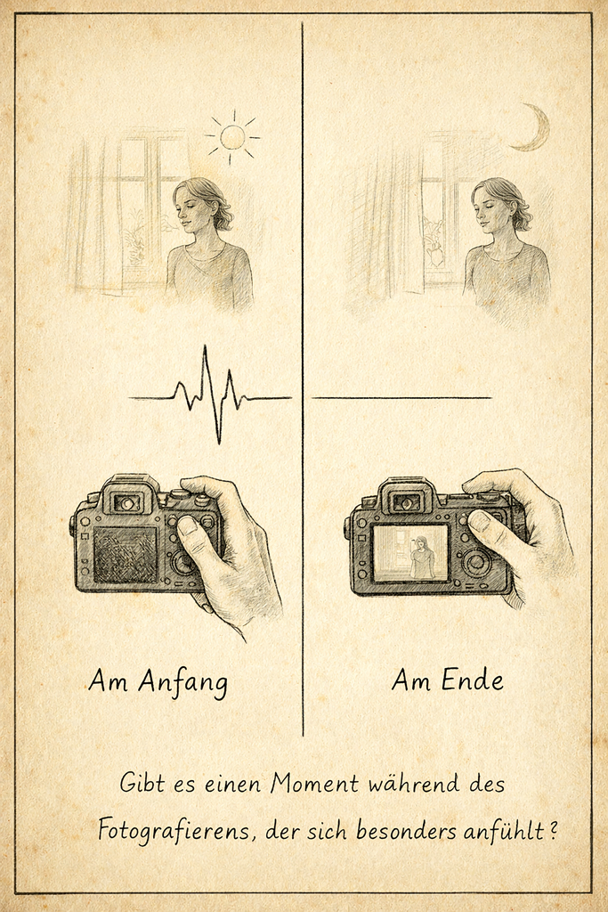 Zweiteilige Illustration zeigt eine Frau vor einem Fenster, einmal bei Tag, einmal bei Nacht, sowie zwei Kameras in den Händen – Symbolbild für den besonderen Moment zu Beginn und am Ende eines fotografischen Prozesses.