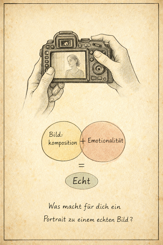 Illustration einer Kamera mit Portraitansicht und zwei sich überschneidenden Kreisen mit den Begriffen „Bildkomposition“ und „Emotionalität“, die zusammen ein „echtes“ Bild ergeben.