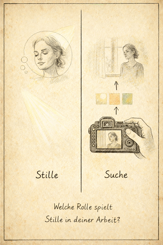 Illustration mit geschlossener, nach innen gerichteter Frau, Lichtstrahlen und Kamera – symbolisiert die Rolle von Stille und Suche in der künstlerischen Fotografie.