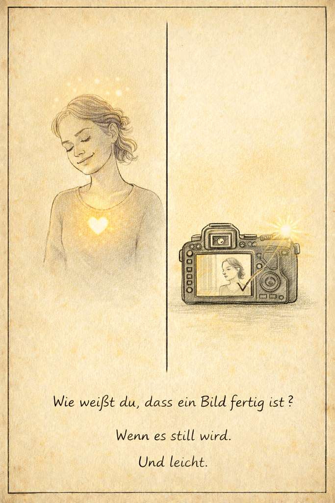 Illustration einer Frau mit leuchtendem Herz und geschlossenen Augen sowie einer Kamera mit Portraitanzeige – Symbol für das stille Gefühl, wenn ein Bild als „fertig“ empfunden wird.