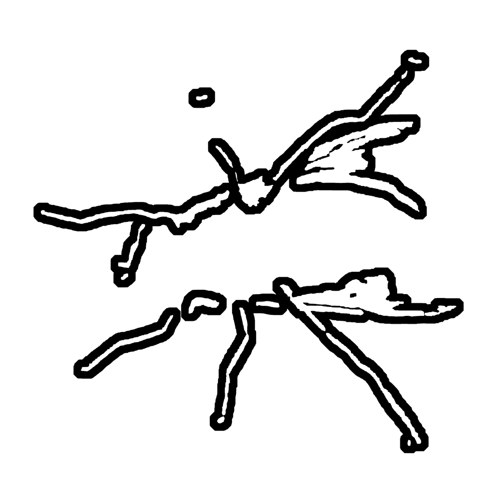 Abgewandelte Form einer gezeichneten Fliege, stilisiert in weiß und Schwarz. Ein Spiel mit Linie, Raum und Geste.