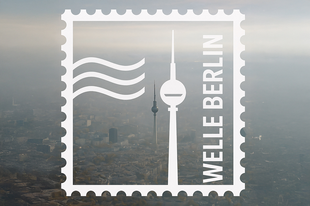 Weißes Grafiklogo „Welle Berlin“ mit Fernsehturm und Wellenlinien über einer nebligen Stadtansicht von Berlin – modernes, minimalistisches Designmotiv